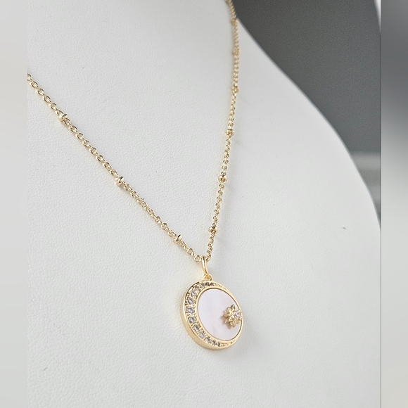 Champagne Gold Necklace with Mother Of Pearl, Round Crescent Moon and st… - Picture 3 of 5
